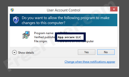 Screenshot where App secure LLC appears as the verified publisher in the UAC dialog